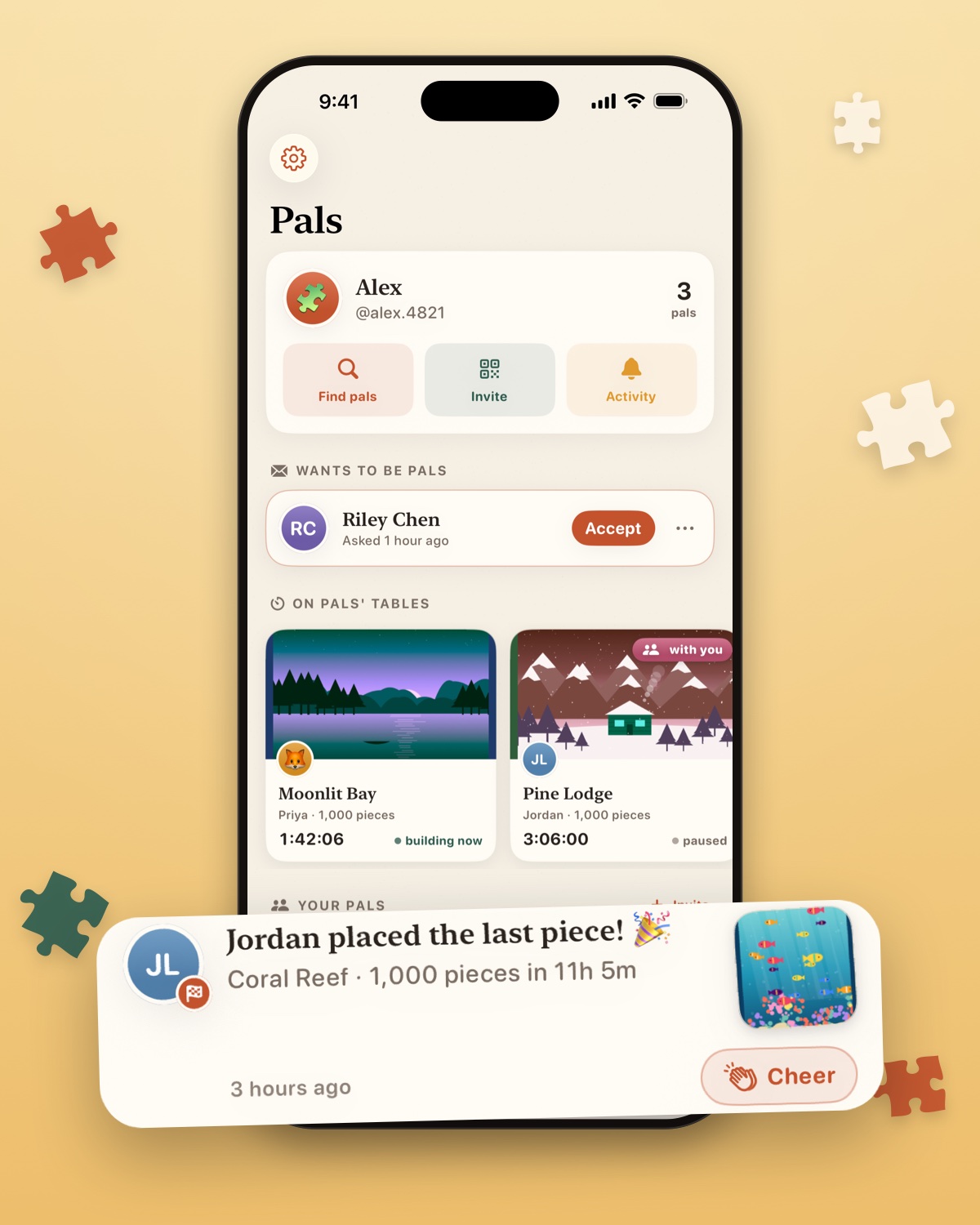 The Pals tab: a pal request, friends' puzzles in progress, and news that Jordan placed the last piece, with a Cheer button